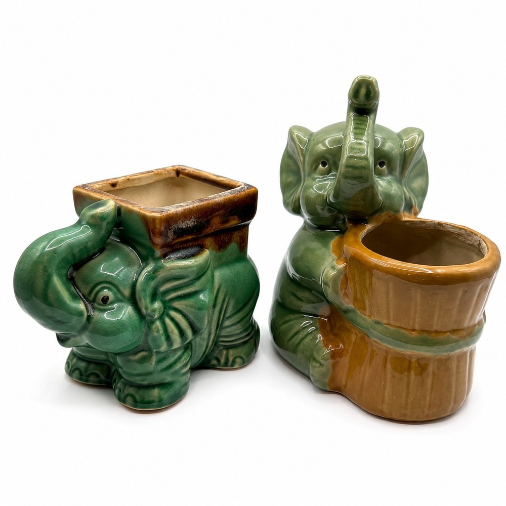 VTG Lucky Trunk Up Elephant Planter Cachepot Pair  Ceramic Green Brown MCM Decor